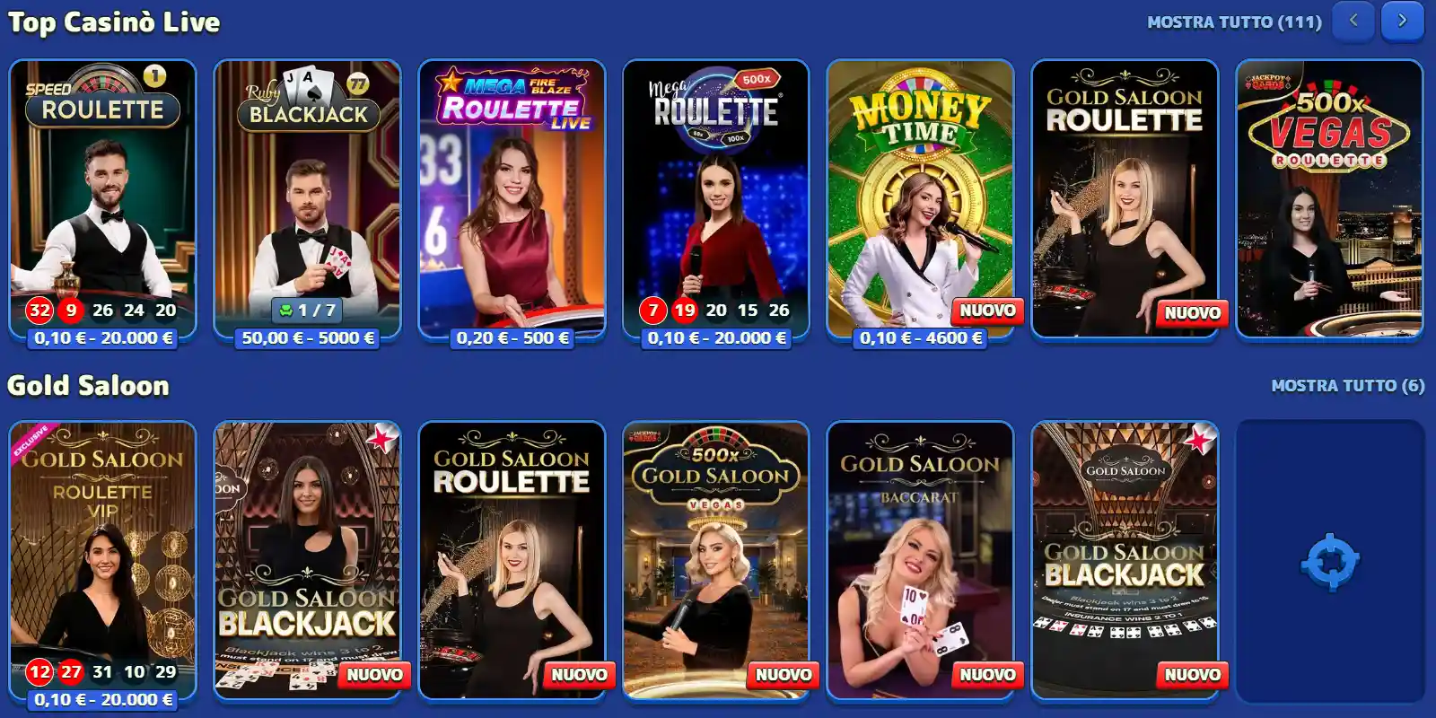 Sezione live casino reale di Pistolo con categorie e tavoli visibili