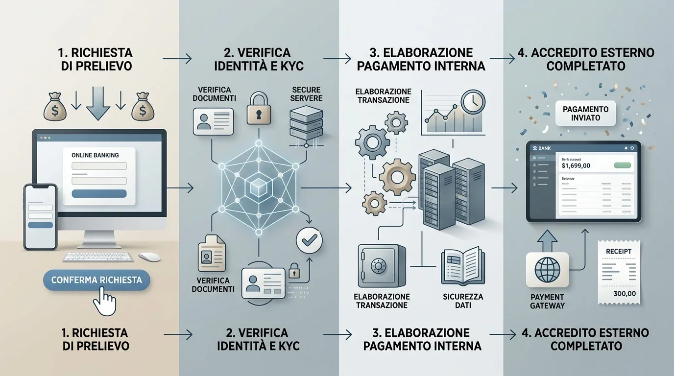 Diagramma editoriale del percorso di un prelievo dalla richiesta ai controlli KYC, processing interno e accredito esterno