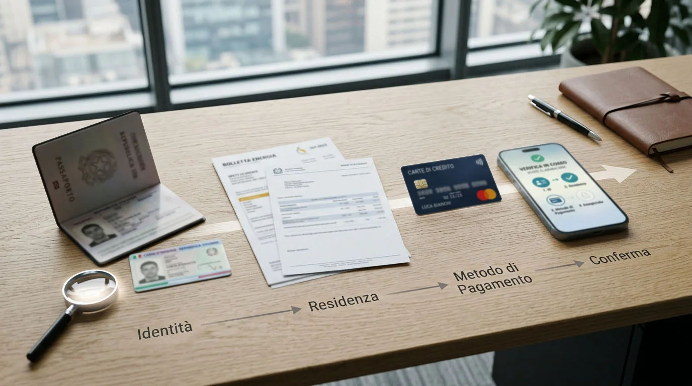 Illustrazione editoriale di verifica KYC con identità, residenza e metodo di pagamento