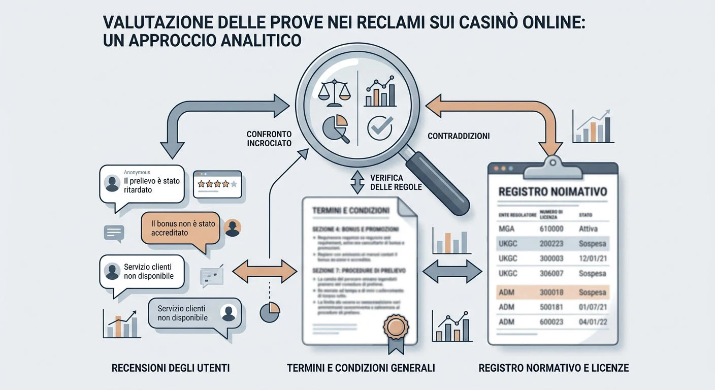 Illustrazione editoriale che confronta recensioni utenti, Terms ufficiali e registri per valutare un reclamo Pistolo